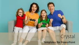  Presentation with video games playing - Audience pleasing presentation design consisting of happy-family-together-mother-father backdrop and a coral colored foreground