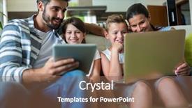  Presentation with living room family - Audience pleasing PPT theme consisting of happy family using laptop backdrop and a tawny brown colored foreground