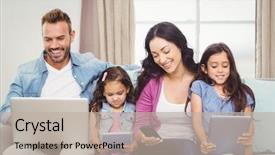  Presentation with family - Colorful theme enhanced with happy family using modern technologies backdrop and a mint green colored foreground