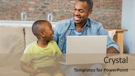  Presentation with living room family - Beautiful presentation theme featuring happy family using technology together backdrop and a coral colored foreground