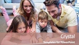  Presentation with living room family - Slide deck with happy family using the laptop background and a coral colored foreground