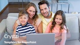 Presentation with living room family - PPT theme featuring happy family using the laptop background and a gray colored foreground