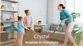  Presentation with room cleaning - PPT theme enhanced with happy-family-vacuuming-the-room background and a coral colored foreground