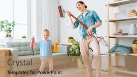  Presentation with room cleaning - Presentation enhanced with happy-family-vacuuming-the-room background and a coral colored foreground