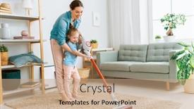  Presentation with room cleaning - Slide deck featuring happy-family-vacuuming-the-room background and a coral colored foreground