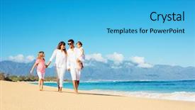  Presentation with holding hands family walking - PPT layouts having happy family walking background and a cyan colored foreground