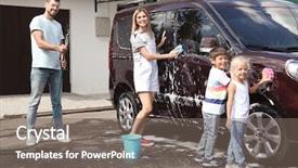  Presentation with family children - Audience pleasing slides consisting of happy family washing car outdoors backdrop and a gray colored foreground