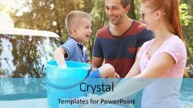  Presentation with street - PPT theme featuring happy family washing car background and a light blue colored foreground
