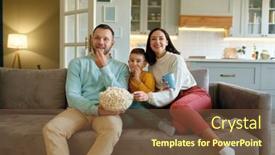  Presentation with popcorn movie - Presentation design consisting of happy-family-watching-movie-eating background and a tawny brown colored foreground