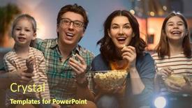  Presentation with movies - PPT theme with happy-family-watching-projector-tv background and a tawny brown colored foreground