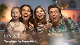  Presentation with movies - Slide deck featuring happy-family-watching-projector-tv background and a tawny brown colored foreground