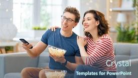  Presentation with movies - Presentation theme with happy-family-watching-projector-tv background and a ocean colored foreground