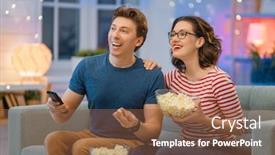  Presentation with movies - Beautiful PPT theme featuring happy-family-watching-projector-tv backdrop and a tawny brown colored foreground