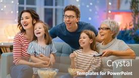  Presentation with movies - Amazing presentation theme having happy-family-watching-projector-tv backdrop and a coral colored foreground