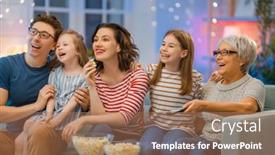  Presentation with movies - Amazing PPT theme having happy-family-watching-projector-tv backdrop and a coral colored foreground