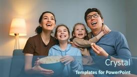  Presentation with popcorn - Beautiful slide set featuring happy-family-watching-tv backdrop and a ocean colored foreground