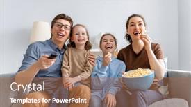  Presentation with popcorn - PPT layouts enhanced with happy-family-watching-tv background and a coral colored foreground