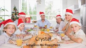  Presentation with christmas dinner - Slide set having happy family wearing santa hats background and a coral colored foreground