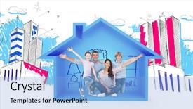  Presentation with living room family - Slide deck enhanced with happy family with arms outstretched over white background against house shape with living room sketch background and a light blue colored foreground