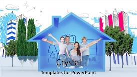  Presentation with living room family - Cool new PPT layouts with happy family with arms outstretched over white background against house shape with living room sketch backdrop and a light blue colored foreground