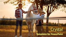  Presentation with horses - PPT theme having happy family with child petting horses in countryside background and a tawny brown colored foreground