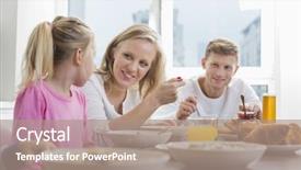  Presentation with breakfast children - Audience pleasing PPT theme consisting of happy family with children having breakfast at table backdrop and a coral colored foreground