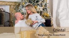  Presentation with family tree - Cool new presentation theme with happy family with gifts sitting near christmas tree at home merry christmas and happy new year backdrop and a coral colored foreground