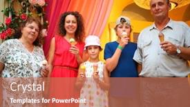  Presentation with family shopping - Audience pleasing presentation design consisting of happy family with ice cream posing in front of camera in shopping center backdrop and a coral colored foreground