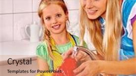  Presentation with fruit water - Audience pleasing slide deck consisting of happy family with little daughter washing fruit under water at kitchen backdrop and a coral colored foreground