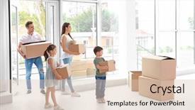  Presentation with moving - Beautiful slides featuring happy family with moving boxes backdrop and a lemonade colored foreground
