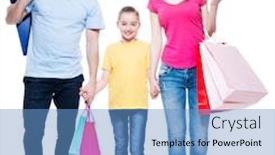  Presentation with family shopping - Presentation theme enhanced with happy family with shopping bags standing at studio over white background background and a teal colored foreground