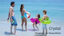  Presentation with sea shore - Audience pleasing presentation consisting of happy family with swimming equipment at sea shore backdrop and a light blue colored foreground