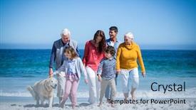  Presentation with portrait happy family smiling - PPT layouts consisting of happy family with their dog background and a light blue colored foreground