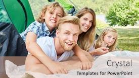  Presentation with campsite - Slides having happy-family-with-two-children background and a coral colored foreground