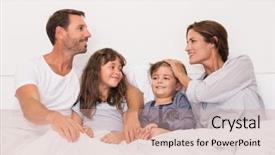  Presentation with children talking - Theme enhanced with happy family with two children under the blanket man and woman in a conversation while playing with children daughter and son looking at each other while parents talking background and a coral colored foreground