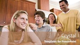  Presentation with family children - Cool new presentation with happy family with two teenage children making funny faces in kitchen backdrop and a coral colored foreground