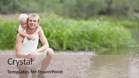  Presentation with family day - PPT layouts with happy family young father and his five year old son near the lake outdoor on a summer day background and a coral colored foreground