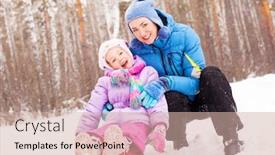  Presentation with winter family - Cool new PPT theme with happy family young mother and her daughter with a sled having fun in the winter park backdrop and a soft green colored foreground