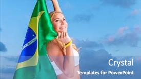  Presentation with brazil - Beautiful theme featuring happy fan of brazilian football team cheerful pretty girl on stadium cheering in support holding up big national flag of brazil active people traveling to watch football games backdrop and a teal colored foreground