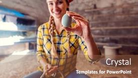  Presentation with egg - PPT theme featuring happy-farmer-woman-showing-egg background and a tawny brown colored foreground