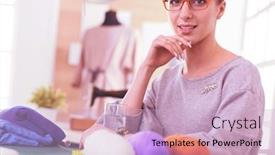  Presentation with textile - Presentation theme with happy-fashion-designer-smiling-sitting background and a lemonade colored foreground