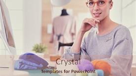  Presentation with fashion - PPT layouts featuring happy-fashion-designer-smiling-sitting background and a coral colored foreground