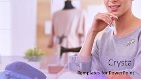  Presentation with fashion - PPT theme featuring happy-fashion-designer-smiling-sitting background and a light blue colored foreground