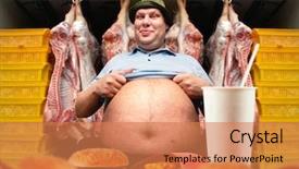  Presentation with container fast food packaging - PPT theme with happy fat man and fast background and a coral colored foreground