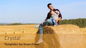  Presentation with hay field - Beautiful slides featuring happy father and 2 year old girl sitting on hay bales in harvested field backdrop and a gold colored foreground