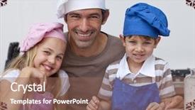  Presentation with baking cookies - PPT theme featuring happy father and children baking cookies together against snowflake frame background and a violet colored foreground