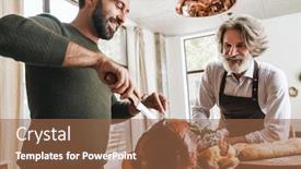  Presentation with christmas dinner - PPT layouts enhanced with happy-father-and-his-adult background and a coral colored foreground