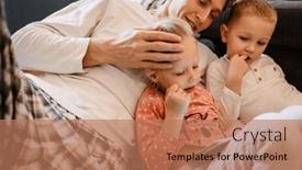  Presentation with cartoons - Slide deck with happy-father-and-his-kids background and a coral colored foreground