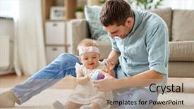  Presentation with happy baby - Slides enhanced with happy father and little baby background and a coral colored foreground