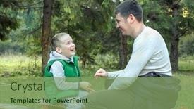  Presentation with journey - Audience pleasing slide deck consisting of happy father and son hikers traveler siting in wood around mountains under sunlight family picnic and eating food in sunny day holidays vacation travel journey concept backdrop and a seafoam green colored foreground